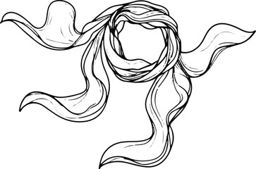 Black bold outline with white background, Minimal line art of scarf blowing in wind, thin flowy lines