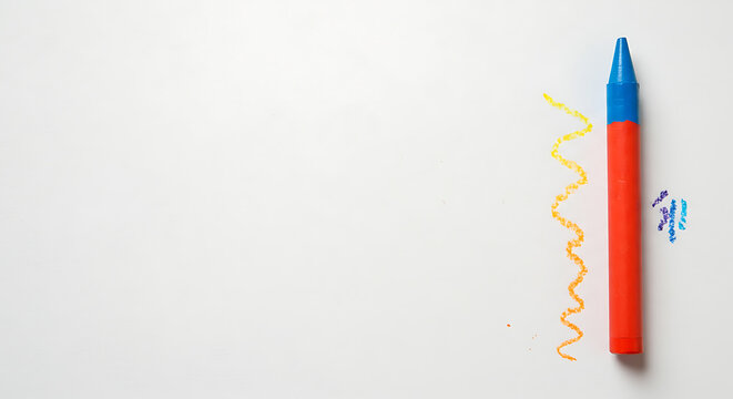 Single Crayon with Rainbow Zigzag Line on White Background:  Bright, Cheerful, Creative Art Supplies Stock Photo