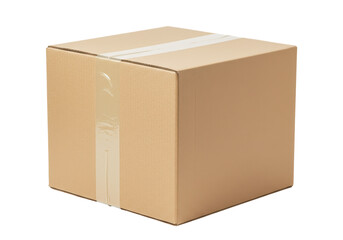 Isolated brown corrugated cardboard box with clear packing tape for shipping and storage