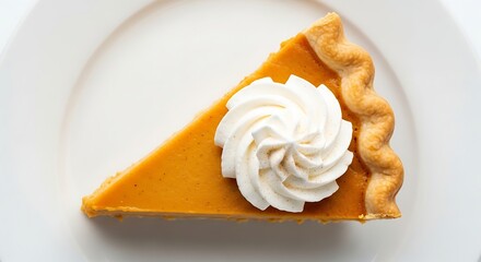 Decadent Slice of Pumpkin Pie Topped with Swirl of Whipped Cream on White Plate.