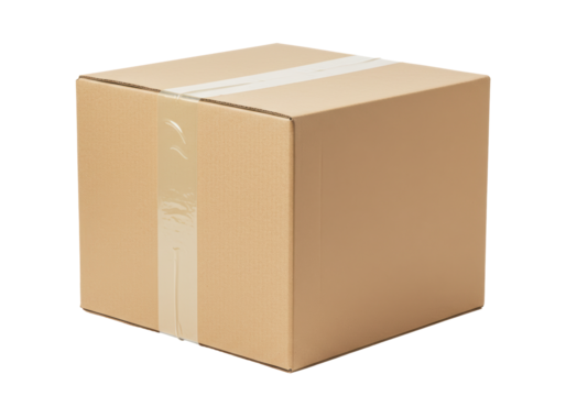 Isolated brown corrugated cardboard box with clear packing tape for shipping and storage