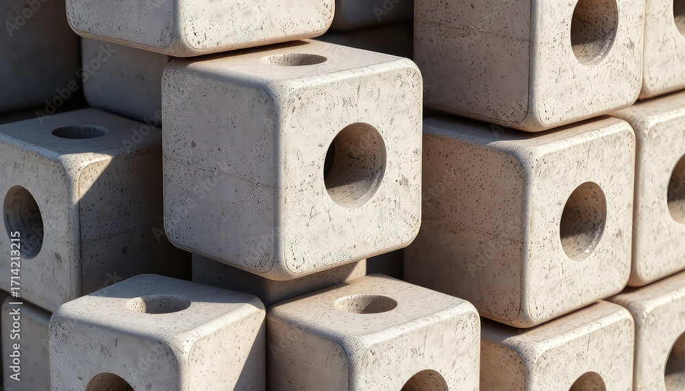Poster interlocking cube structures with central apertures form a geometric pattern under diffuse sunlight,