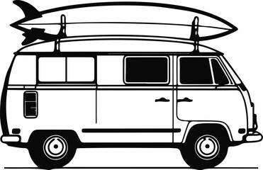 Black bold outline with white background, Minimal single line art of camper van with surfboard on roof 1