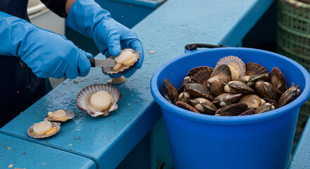 A person wearing gloves shucks scallops with a knife, preparing them near a blue bucket.