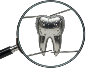 Isolated tooth under magnifying glass held in place by needles, medical study concept