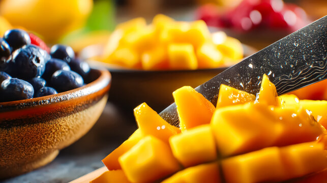 Fruits and berries are sliced for a vibrant summer smoothie - Powered by Adobe