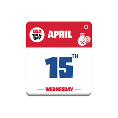 Calendar illustration showing April 15th, Wednesday, marked as USA Tax Day, with a money bag icon.