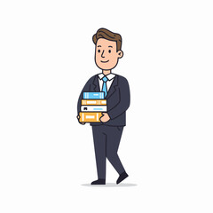 Flat Style Illustration of a Businessman Carrying Stack of Documents and Book