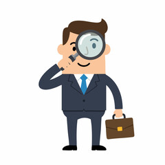 Cartoon Businessman Holding Magnifying Glass Search Investigation Job Opportunity Character