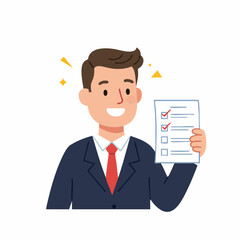 Flat Cartoon Businessman Holding Checklist with Check Marks Achievement Illustration