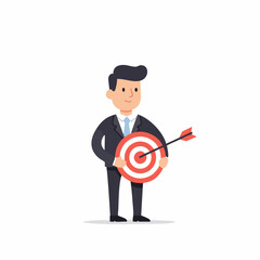 Flat Style Cheerful Businessman Holding Dartboard Target Achievement Illustration