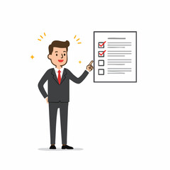 Cartoon Style Checklist Presentation Businessman Pointing to Clipboard Illustration