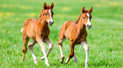 Fototapeta premium Two playful foals run across a sunny green meadow