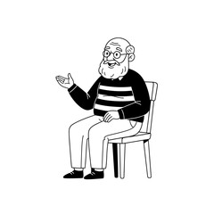 Elderly Man Sitting in Chair, Explaining or Discussing.