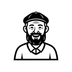 Happy elderly man with a beard and flat cap logo.