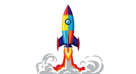 A vibrant, multi-colored rocket blasting off into a smoky sky, symbolizing innovation and progress, perfect for business and technology themes