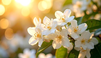A close-up of delicate white flowers blossoming, bathed in warm sunlight, with a soft bokeh background