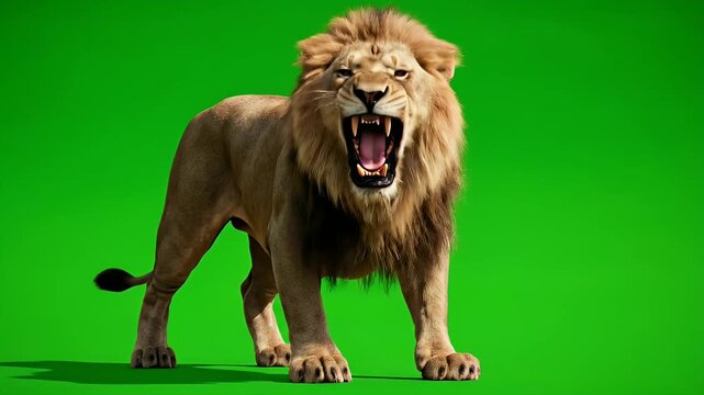 Majestic male lion roaring fiercely with open mouth and sharp teeth, isolated on a vibrant chroma key green screen background