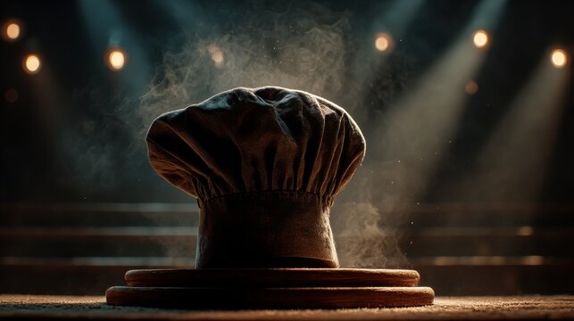 Chef hat placed on a wooden stand with smoke and dramatic lighting in a culinary stage setting - Powered by Adobe