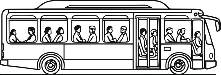 Black bold outline with white background, Simple line drawing of city bus with passengers inside, urban theme 1 © MdRubel