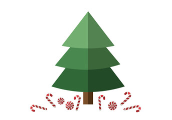 A Christmas tree illustration with candy canes and round striped sweets around its base