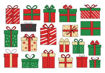 An assortment of wrapped gifts in various colors  patterns ribbons  bows adorn each