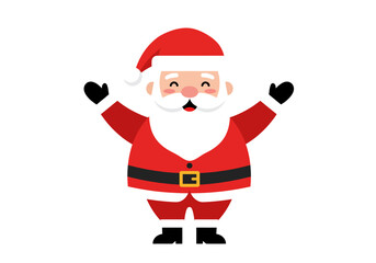 Cartoon Santa Claus with rosy cheeks waving with open arms wearing a red suit and black gloves on a white background
