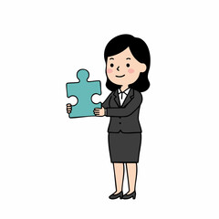 Cartoon Style Smiling Businesswoman Holding a Jigsaw Puzzle Piece Illustration