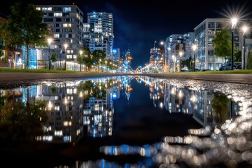 Obraz premium City Street Reflected in Puddle at Night