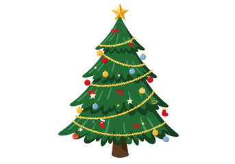 Decorated Christmas tree with golden garland ornaments star topper