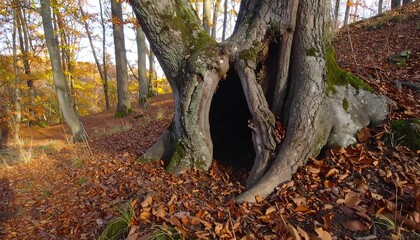 Obraz premium Hollow tree trunk in autumn forest