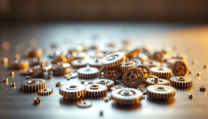 Metallic gears and small components scattered on a flat surface suggest engineering and mechanical themes