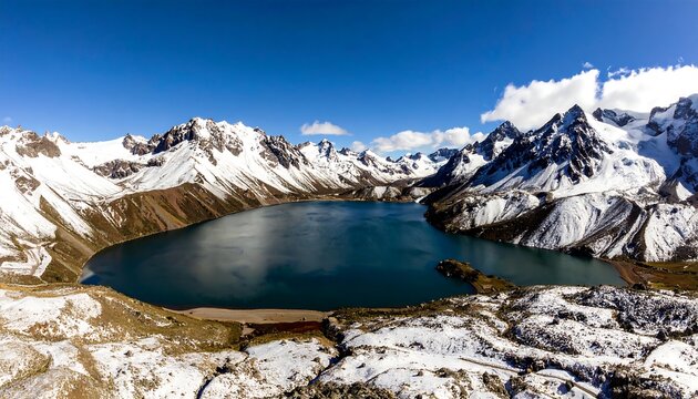 Panoramic alpine lake nestled in snow-capped mountains - Powered by Adobe