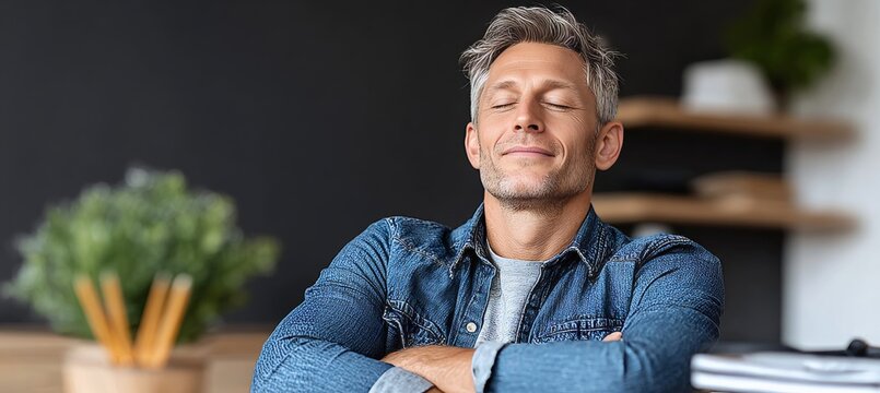 Serene Adult at Desk in Stylish Denim Shirt, Gray Hair, and Calm Expression During Relaxation Moment
