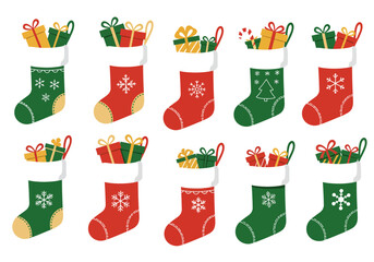Illustration of 10 Christmas stockings filled with presents alternating red and green with snowflake or tree designs