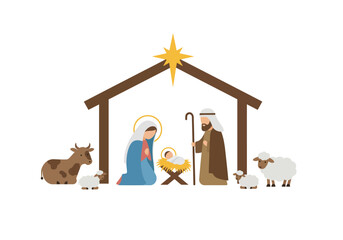 Nativity scene featuring Mary Joseph baby Jesus animals and a star
