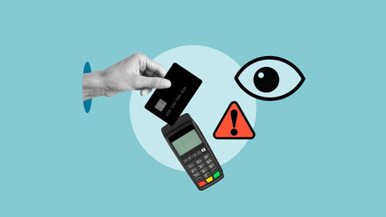 Thief is stealing pin code and identity of the banking card on payment terminal machine pos....