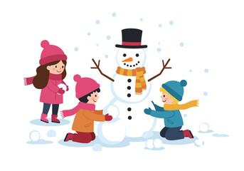 Three children build a snowman outdoors amidst falling snow