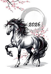 illustration for Chinese New Year 2026, Year of Horse. horse galloping with flowing mane and tail, adorned with ornate saddle and harness. traditional Asian art for greeting card, poster, banner