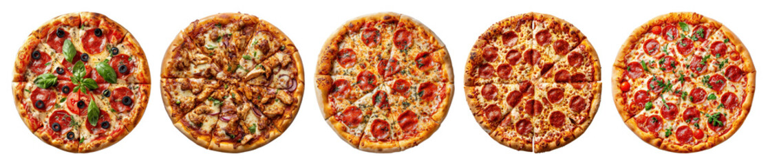 PNG Delicious assorted pizzas variety, element set on transparent background