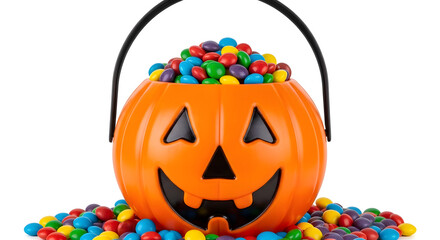 Orange jack o lantern bucket overflowing with colorful halloween candy treats