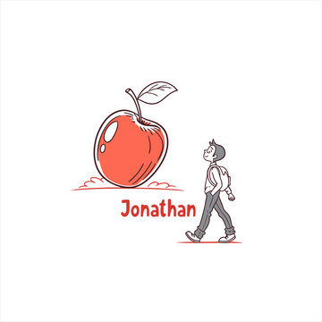 Boy with backpack walking towards a large apple with name jonathan
