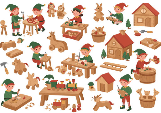 Woodworking elves crafting toys with houses trees tools and wood in a festive workshop
