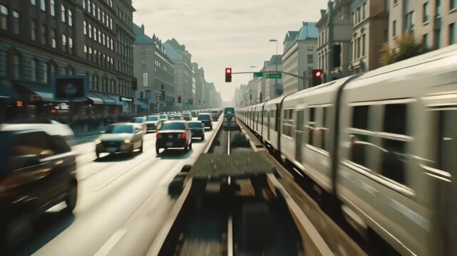 Cinematic view of a high-speed commute through a dense urban environment with motion-blurred traffic and a parallel train