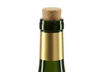 Isolated wine bottle detail showing a green bottle and cork with gold foil label close-up