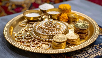 Gold-toned tray with jewelry, pearls, and coins