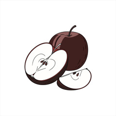 Illustration of a whole dark red apple with a half and a slice