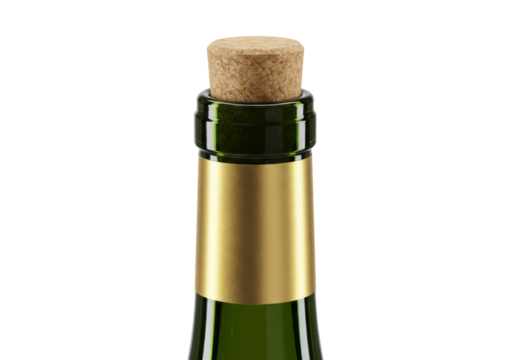 Isolated wine bottle detail showing a green bottle and cork with gold foil label close-up