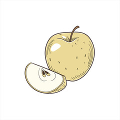 Hand drawn illustration of a golden apple and a slice on white background