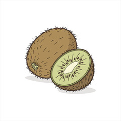 Illustration of a whole kiwi fruit and a half kiwi fruit with seeds
